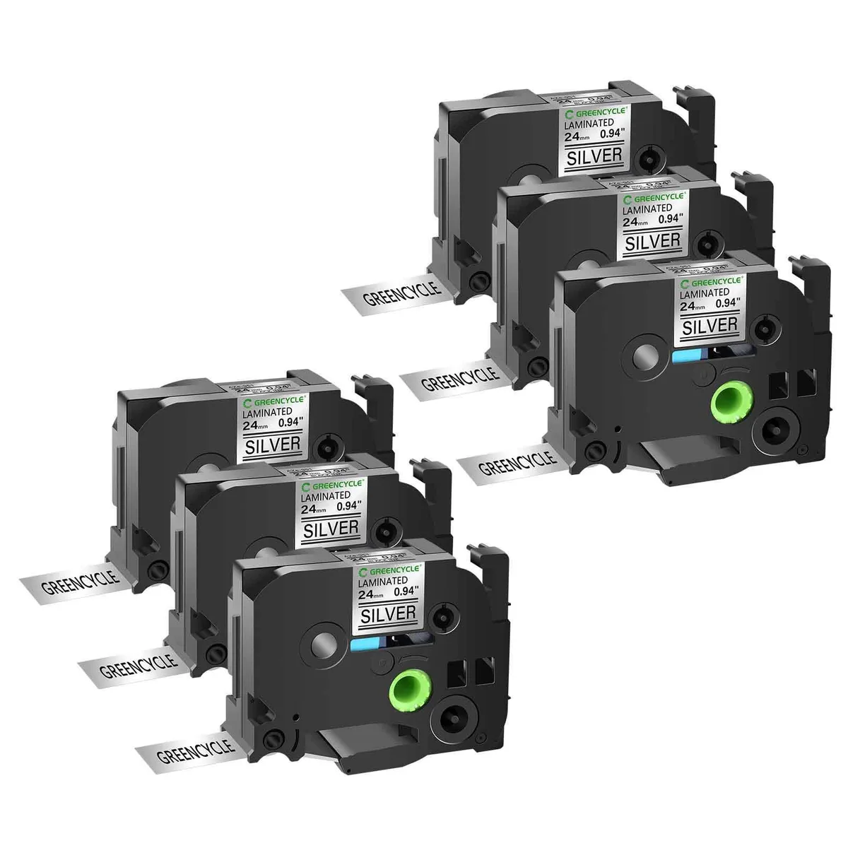GREENCYCLE GREENCYCLE TZe-951 24mm Black on Silver Laminated Tape 6 Pack labelmaker — product photo