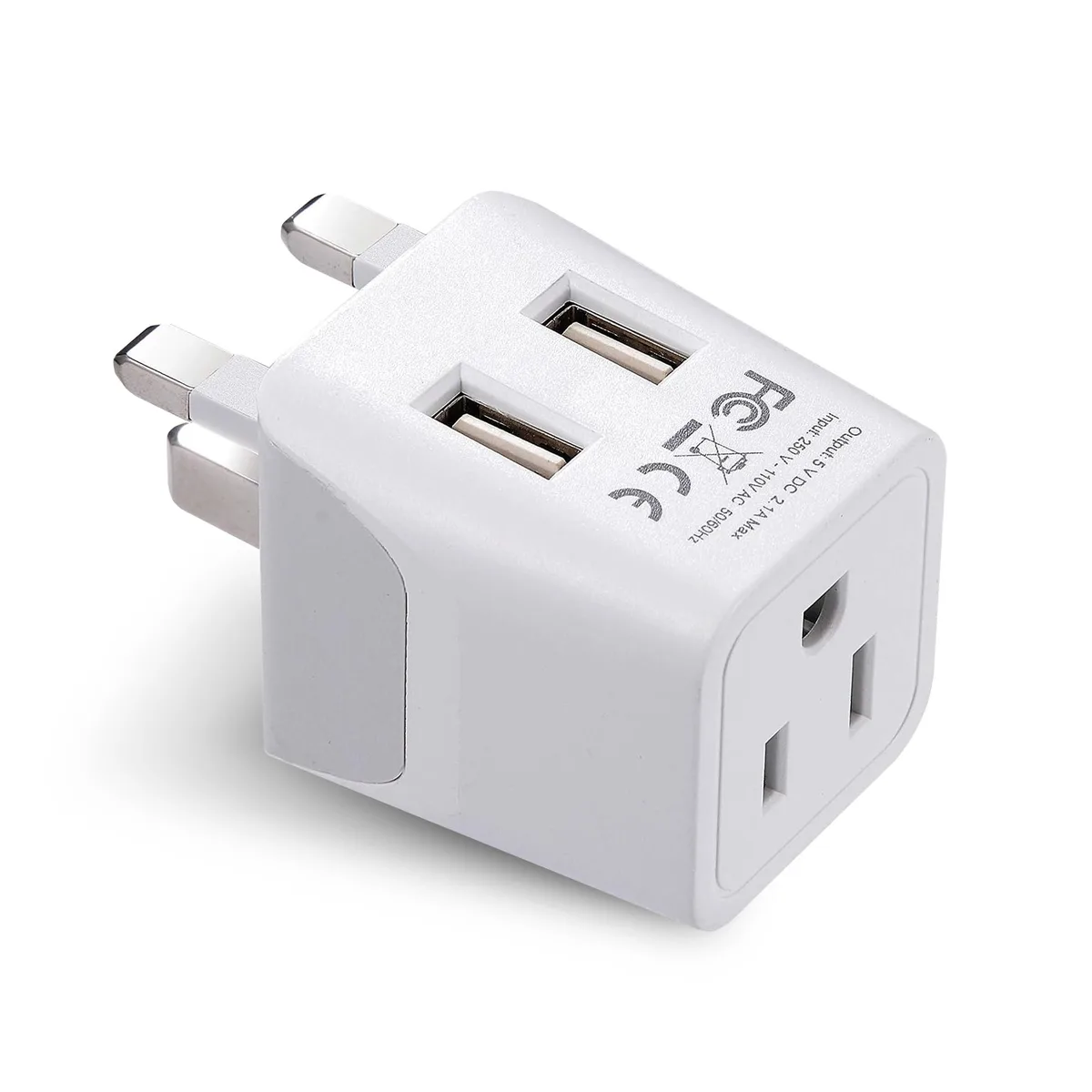 Compact white or black cube with UK pins and two USB ports