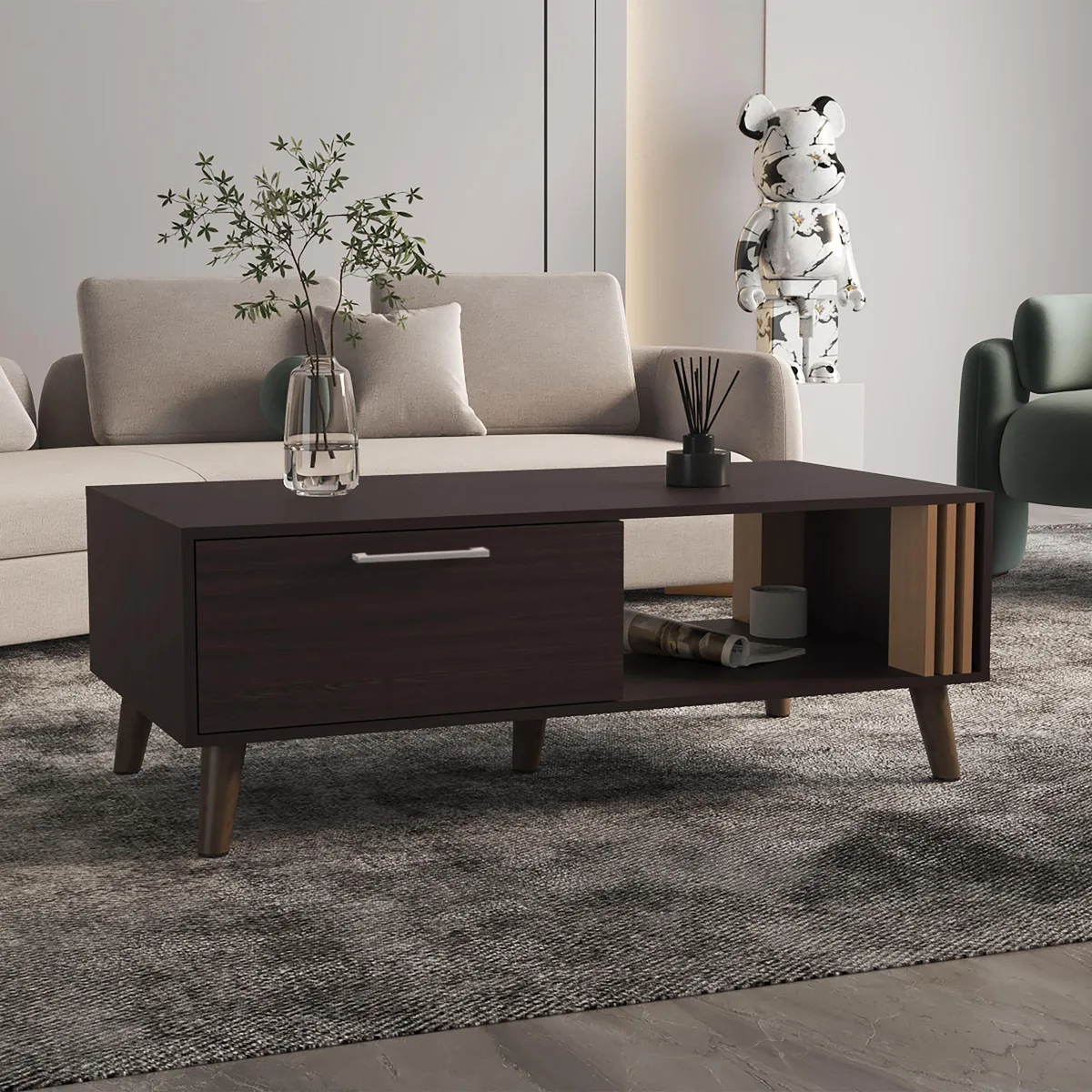 tuphen tuphen Coffee Table 1 Door 1 Shelf Black Natural Oak Occasional Table — product photo
