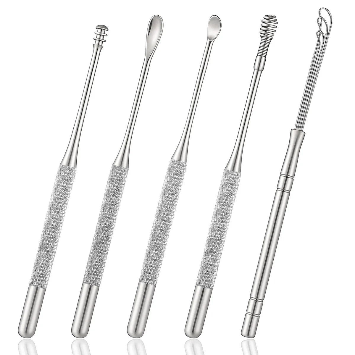Five stainless steel ear picks in silver finish
