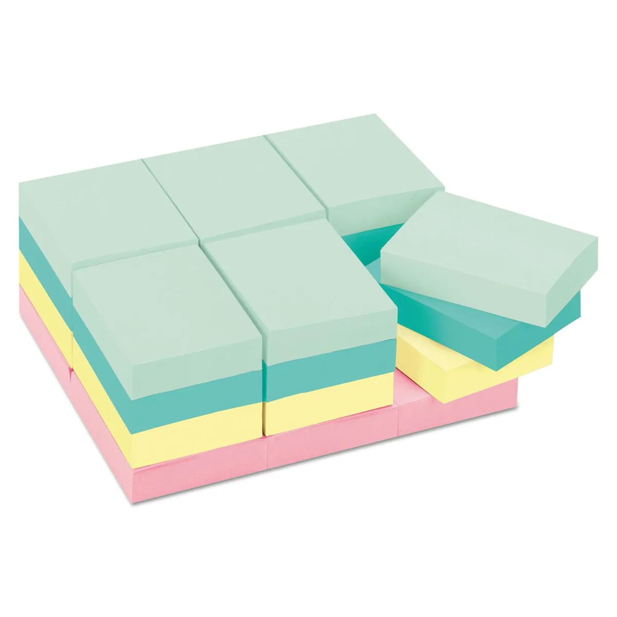 A stack of 24 small square sticky note pads in Marseille colours