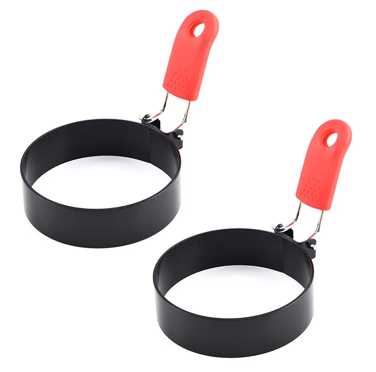 Two red iron egg rings with silicone handle covers