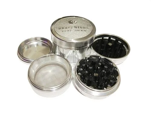 Four-piece silver aluminium herb grinder with hard top, medium size