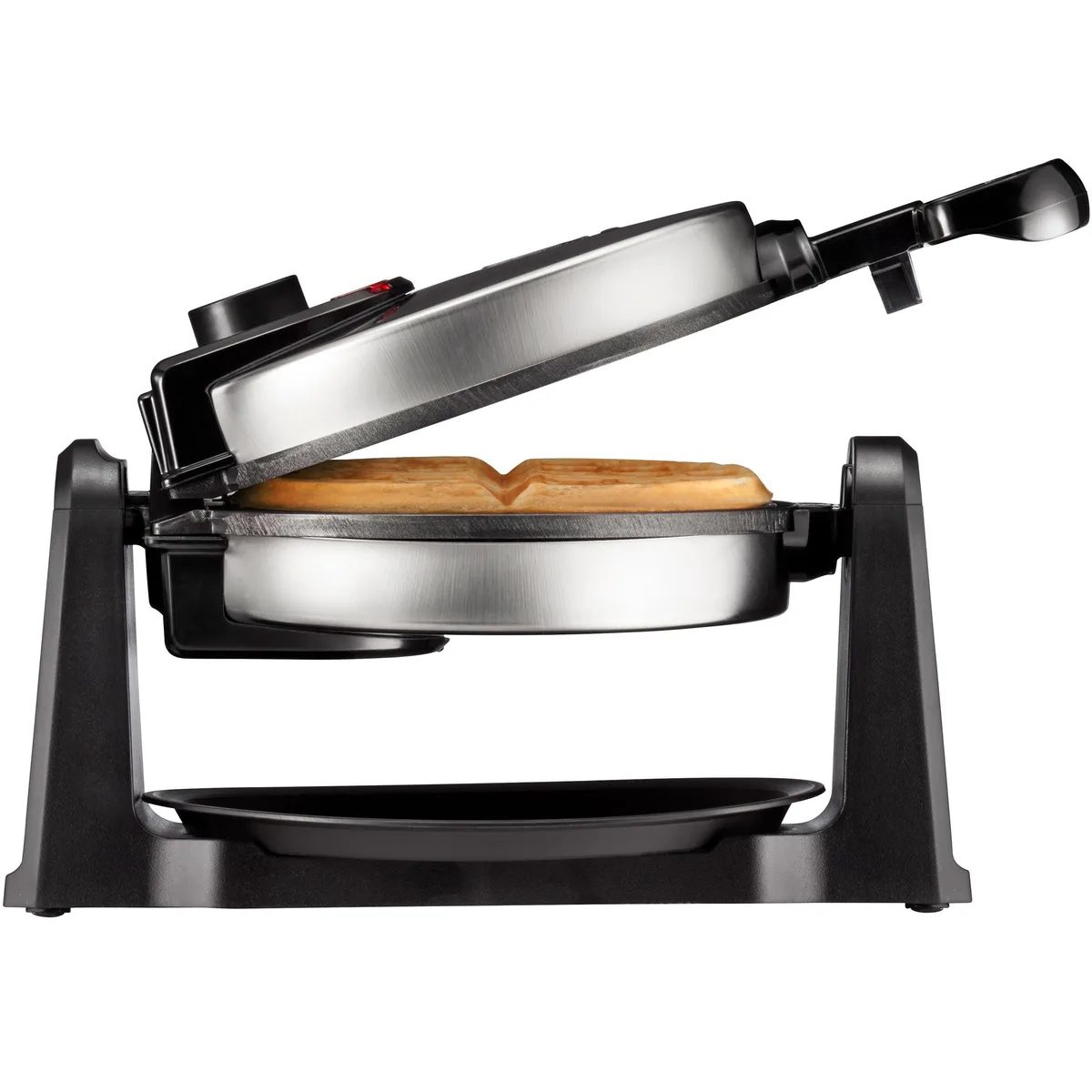 Stainless steel Belgian waffle maker with 180° flip hinge, black accents, drip tray visible