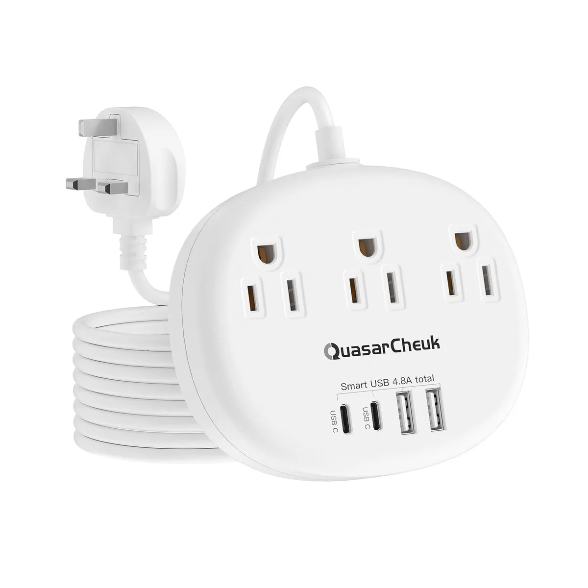  QuasarCheuk UK Type G Travel Adapter 3 AC 4 USB 5ft White — product photo