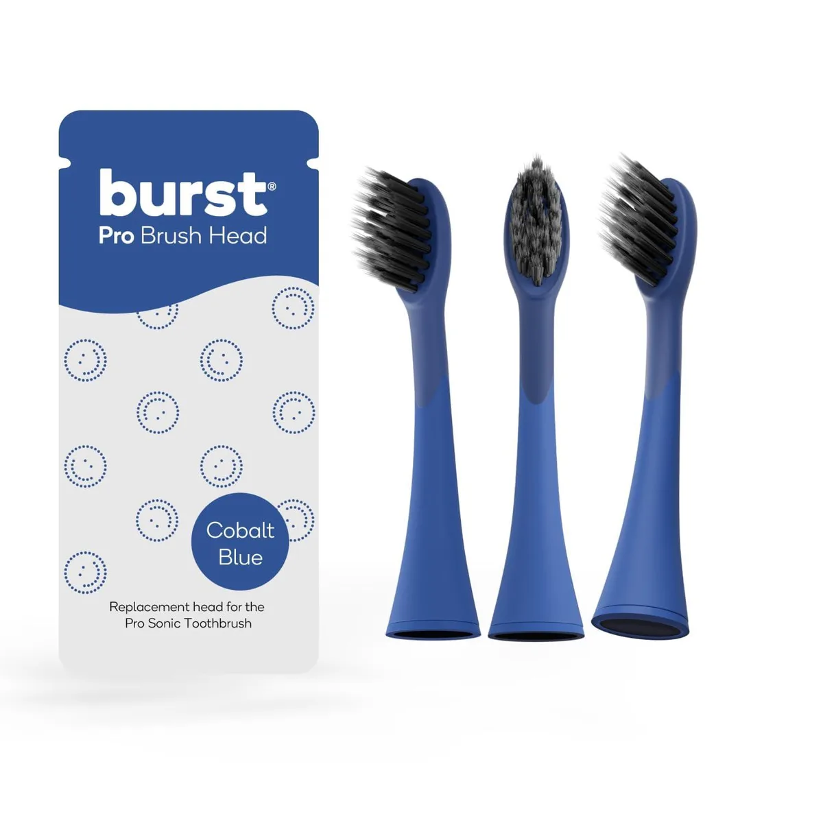 Three cobalt-blue brush heads with soft tapered nylon bristles