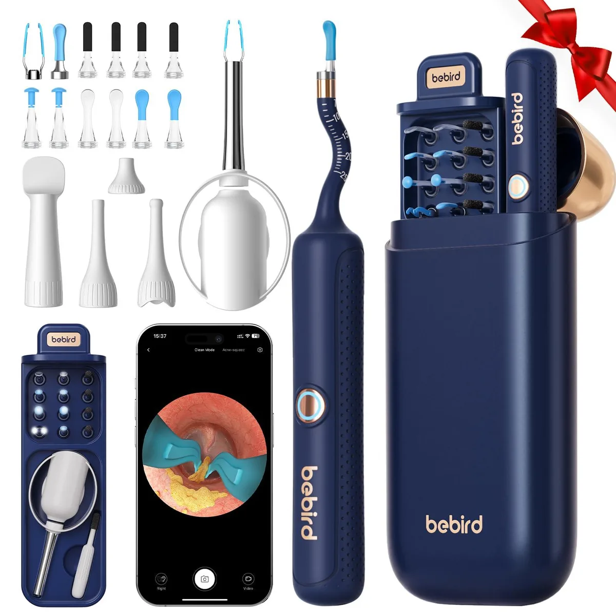Blue ear-cleaning camera tool with flexible tip and tweezers