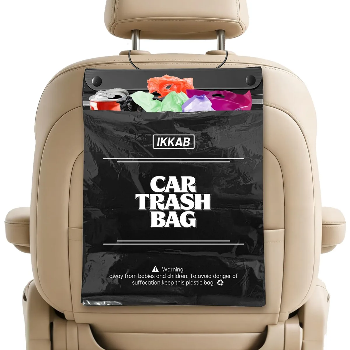 Roll of 50 black polyethylene car trash bags, each 12 by 15 inches, with hanging straps