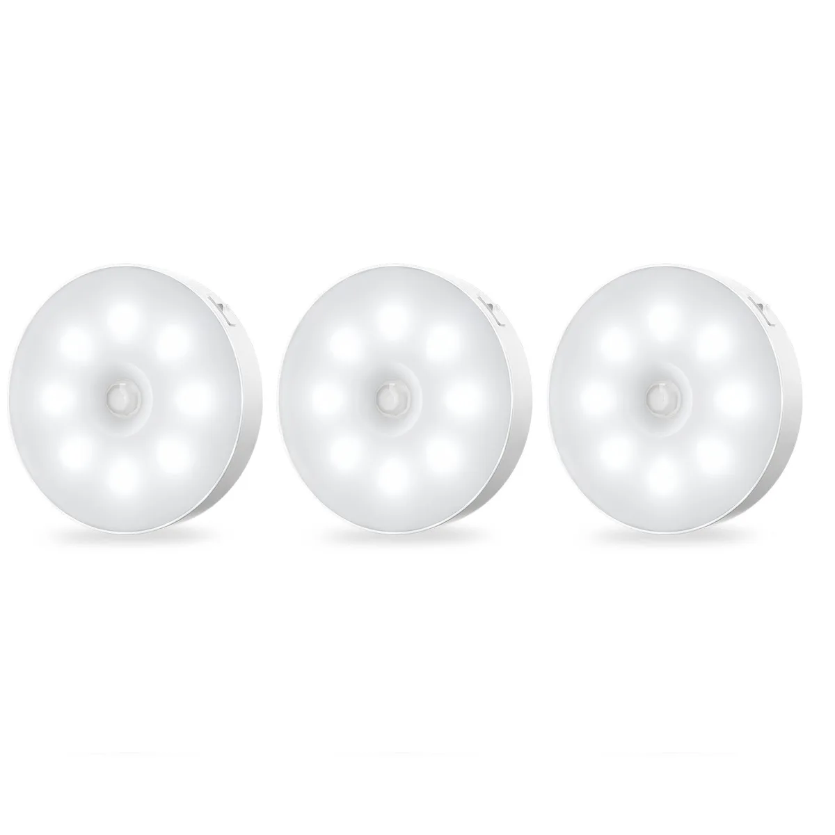 Three white puck lights with clear prismatic faces, magnet and adhesive backing, USB-C cables included