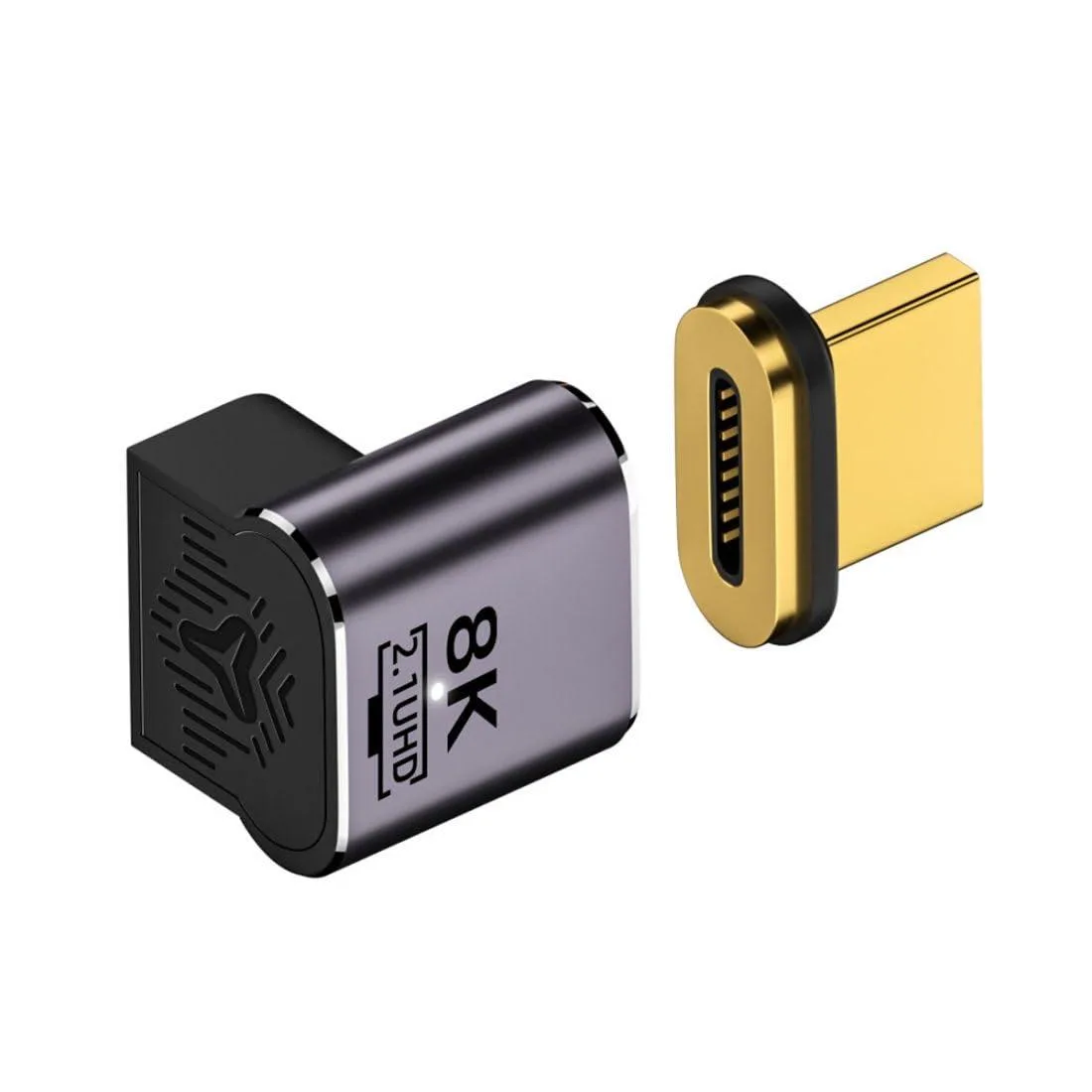 Black 90-degree down HDMI adapter with magnetic connector and LED indicator