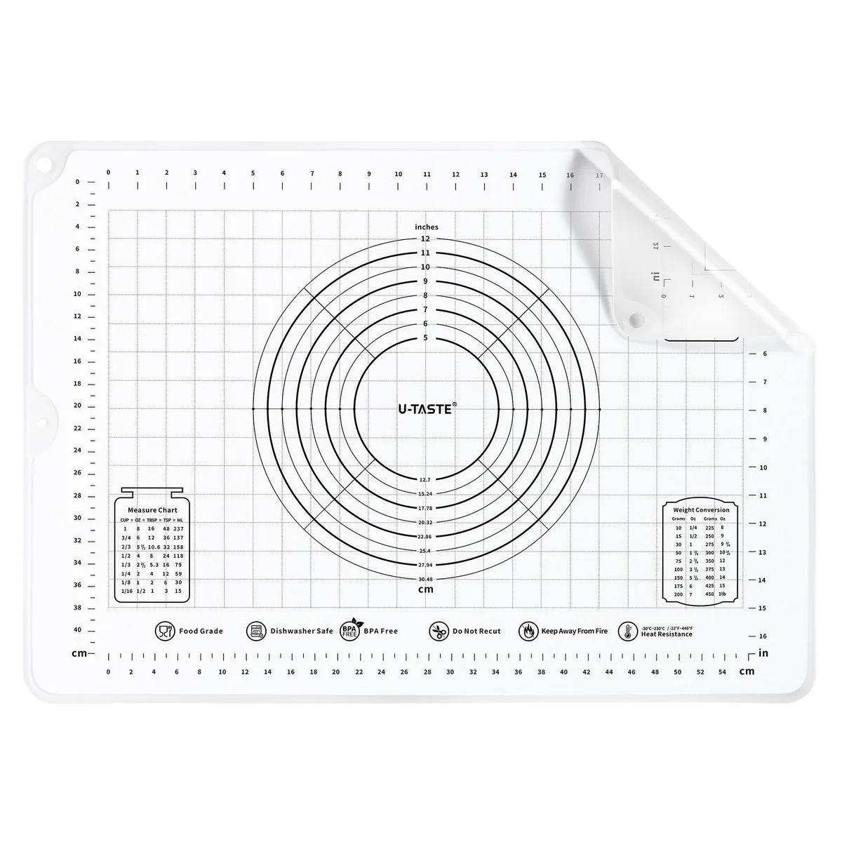 Transparent rectangular silicone pastry mat with printed measurements and raised edges