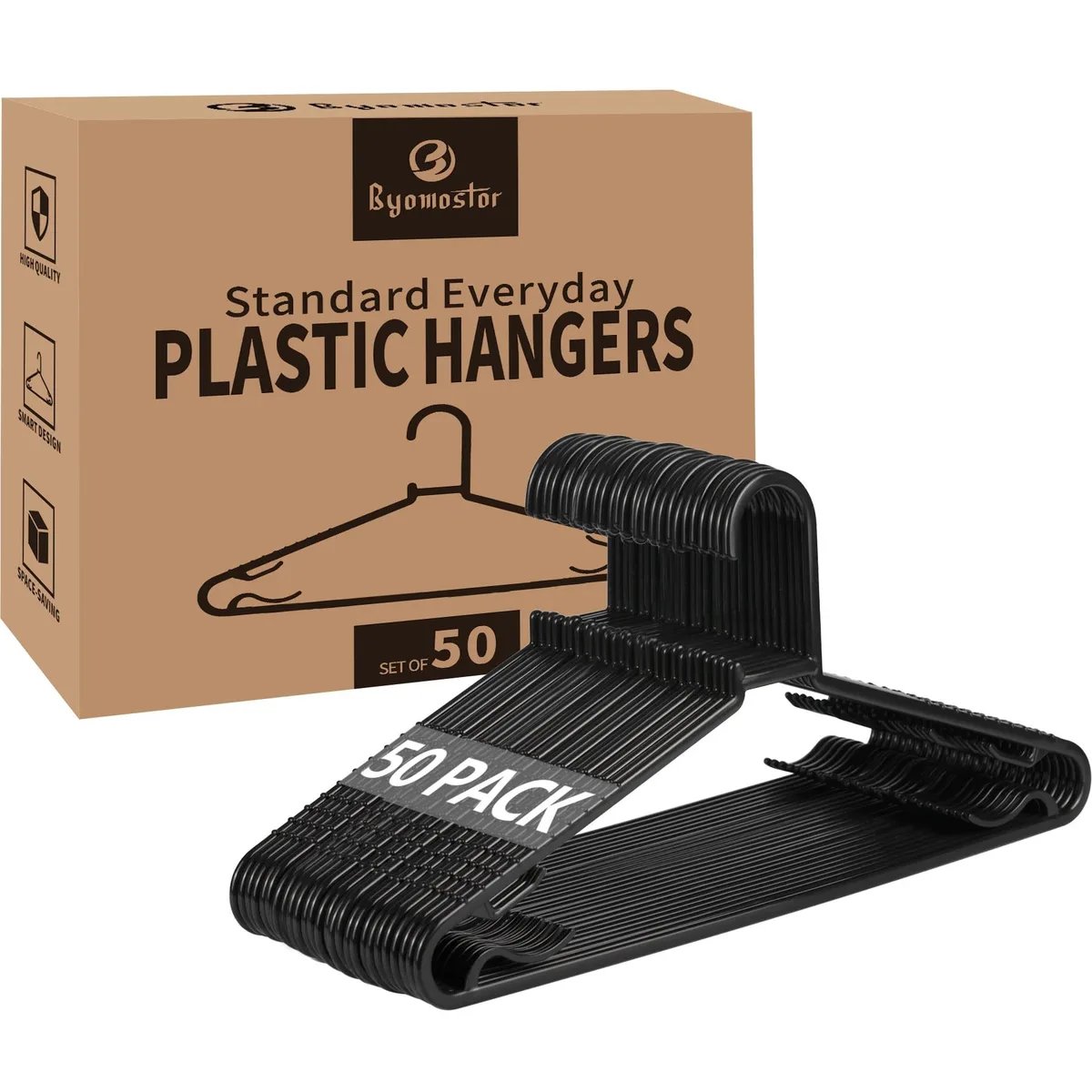 White plastic clothes hangers with integrated hooks, pack of 50
