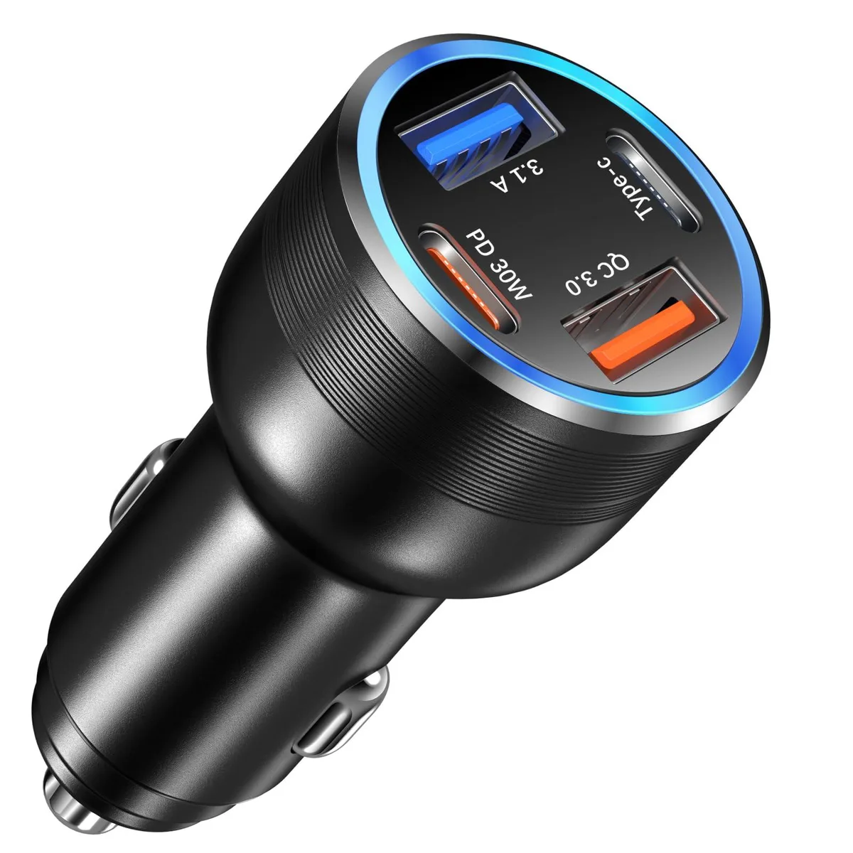 Black 65W car charger with two USB-C and two USB-A ports, compact aluminum body, cigarette lighter plug