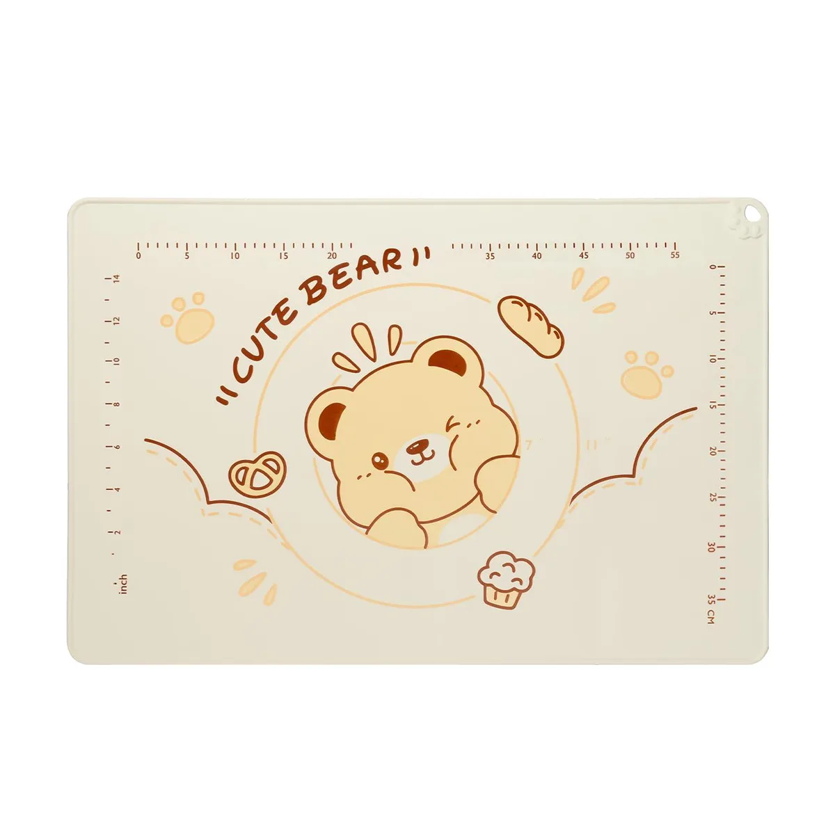 Beige rectangular silicone mat with bear design and measurement markings