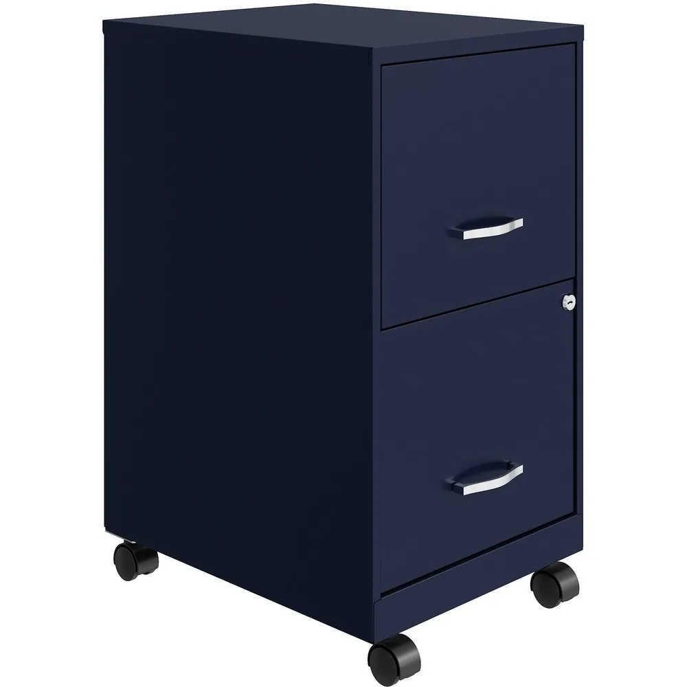 Navy steel two-drawer file cabinet on casters, 14.3 inches wide, 26.5 inches high