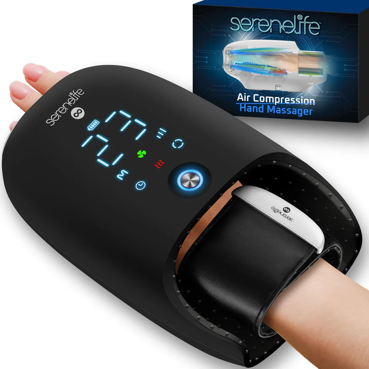 White hand massager with finger openings, control panel on top