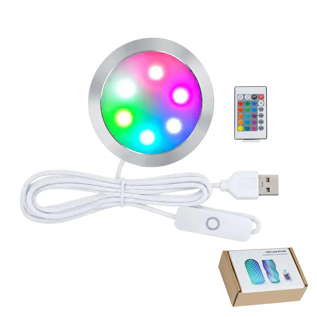 Circular LED module with 24-key infrared remote, 4.6 by 7.4 by 10.3 cm