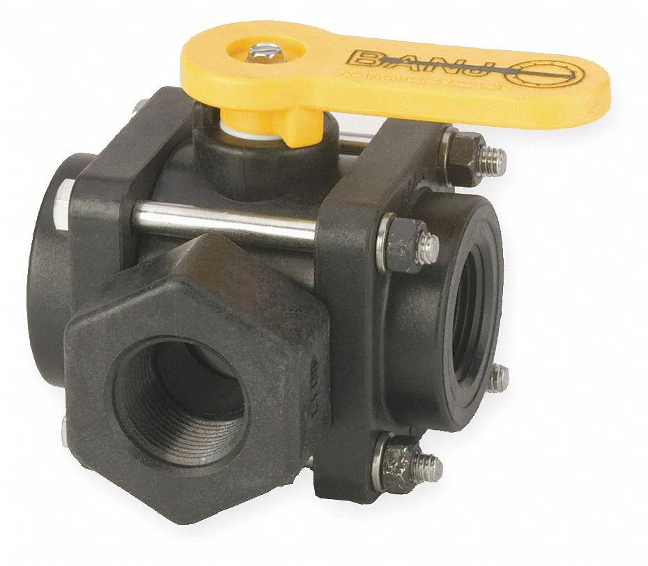 White polypropylene three-way ball valve with lever handle and three FNPT ports