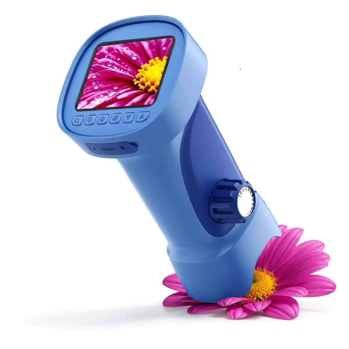 Twelve light blue handheld digital microscopes with 2.4 inch screens