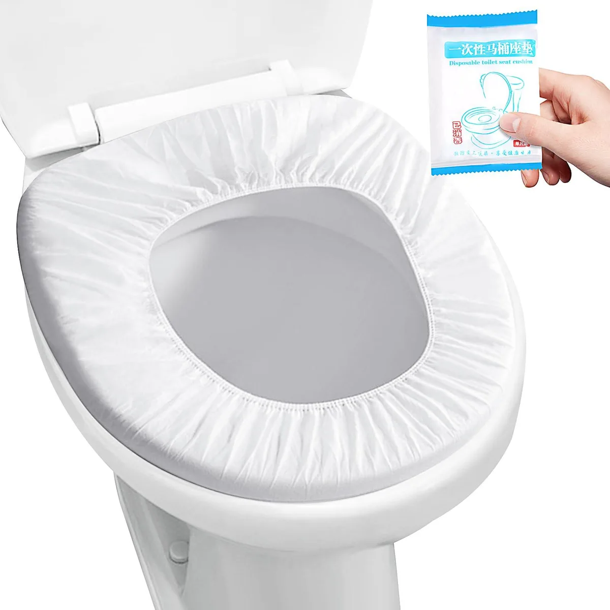 Twenty individually wrapped white disposable toilet seat covers in a clear bag