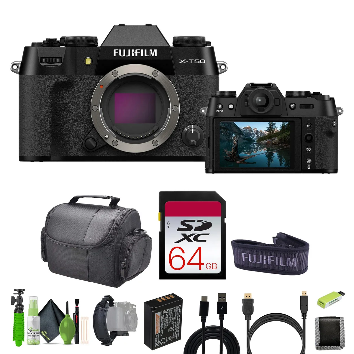 FUJIFILM FUJIFILM X-T50 Mirrorless Camera Kit 40.2MP 64GB Card Tripod Black — product photo