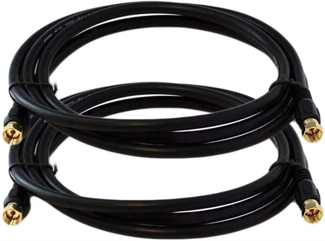 Two black RG6 coaxial cables with F-type screw-on connectors