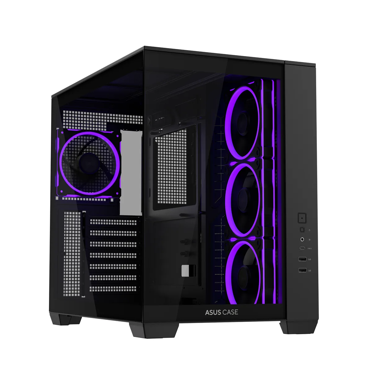 Black ATX mid-tower with front and side tempered glass panels, four ARGB fans visible inside