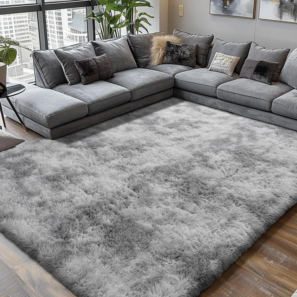 Rectangular runner rug, mottling grey polyester, fluffy shag pile, non-slip backing