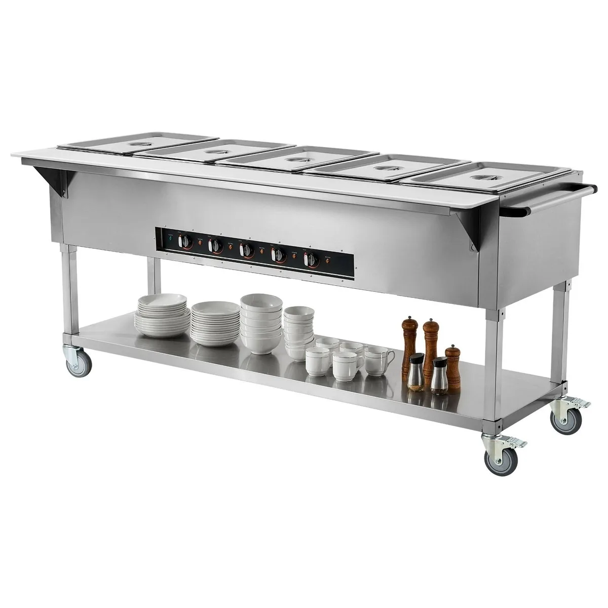 Rectangular stainless steel steam table on four wheels with five deep pans and lids