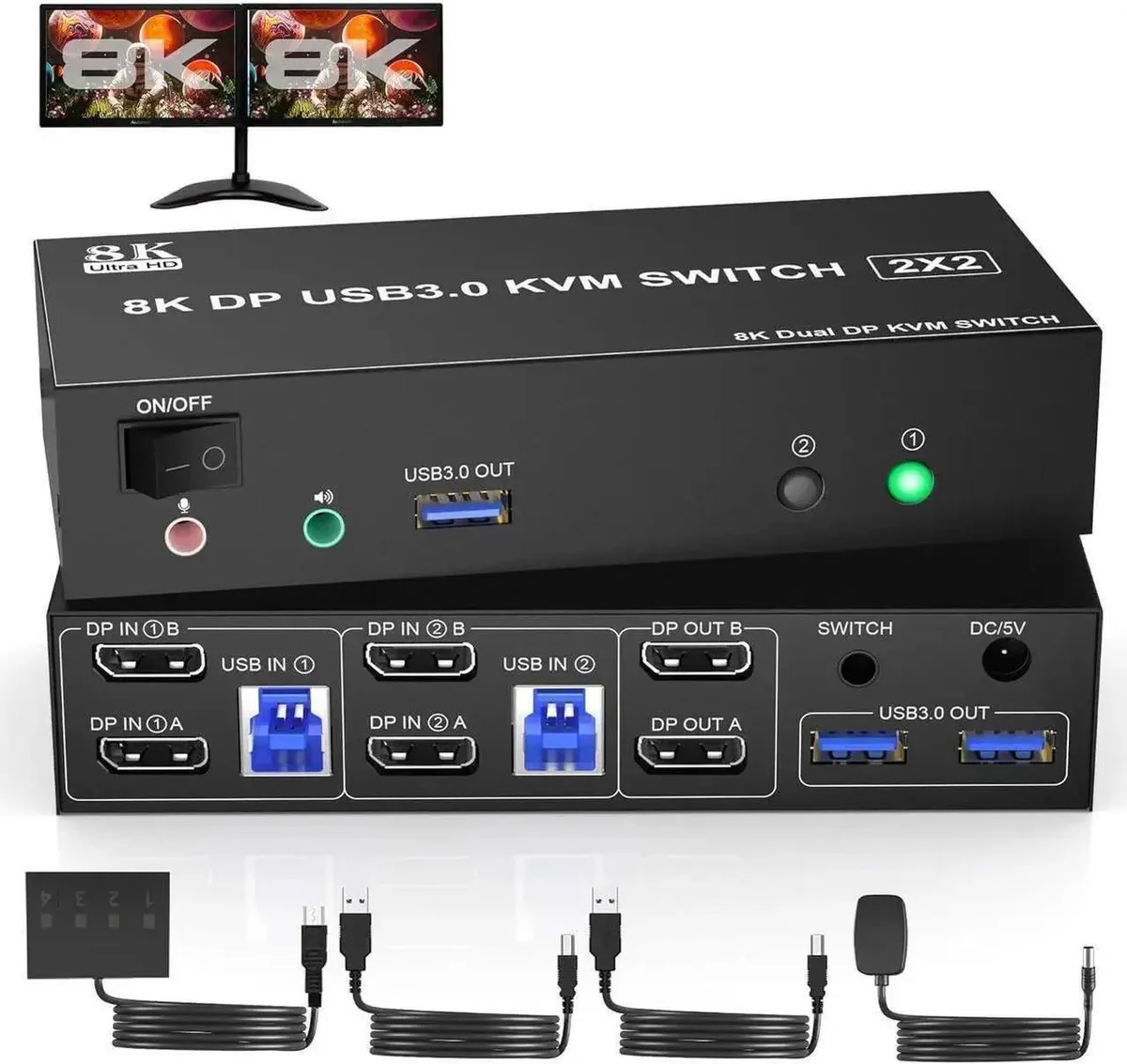 Vszerda Vszerda 8K@60Hz DP 1.4 Dual Monitor KVM Switch 2 PCs 3 USB 3.0 Wired Remote — product photo
