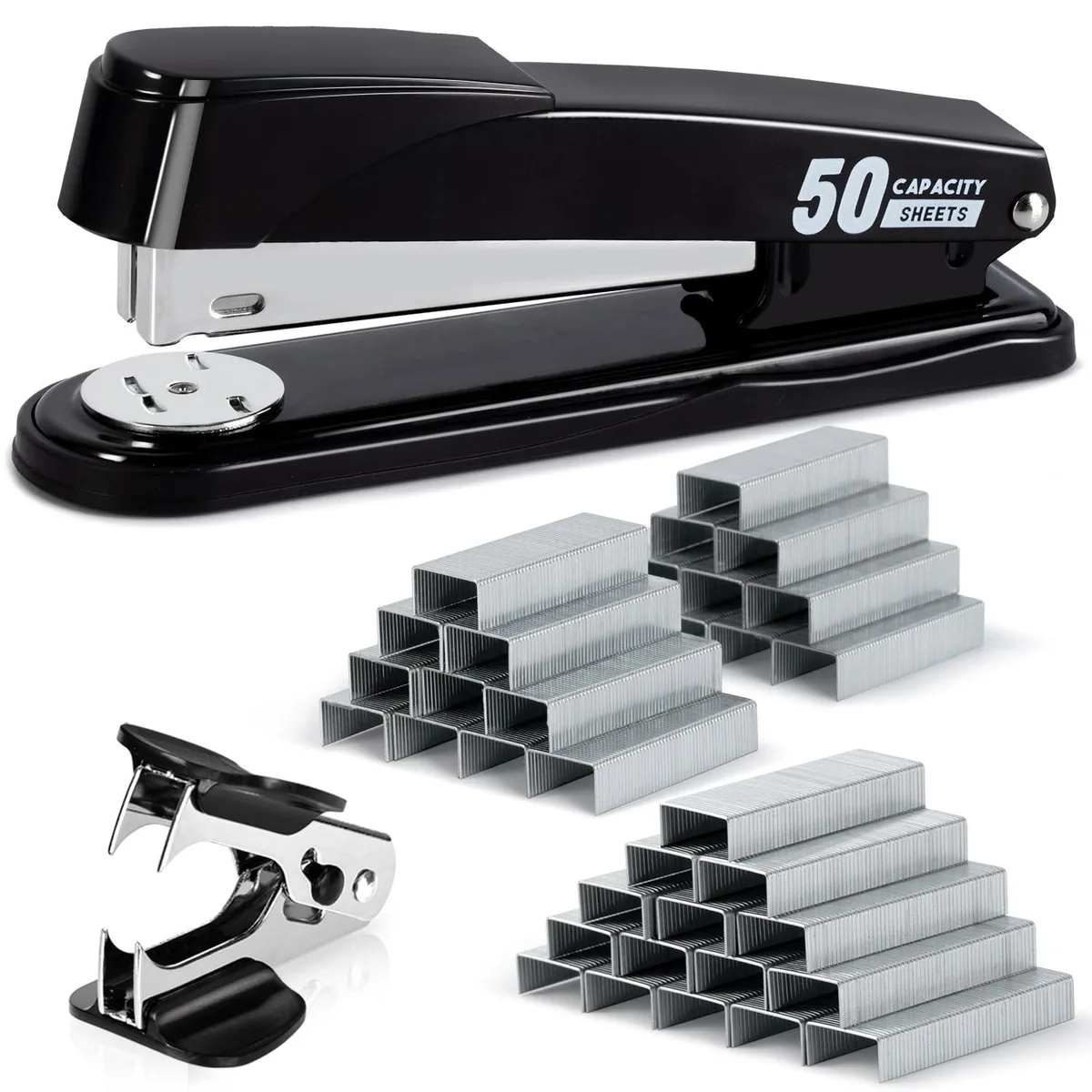 Black heavy-duty stapler with metal body, rubber base, staple remover and 2000 staples