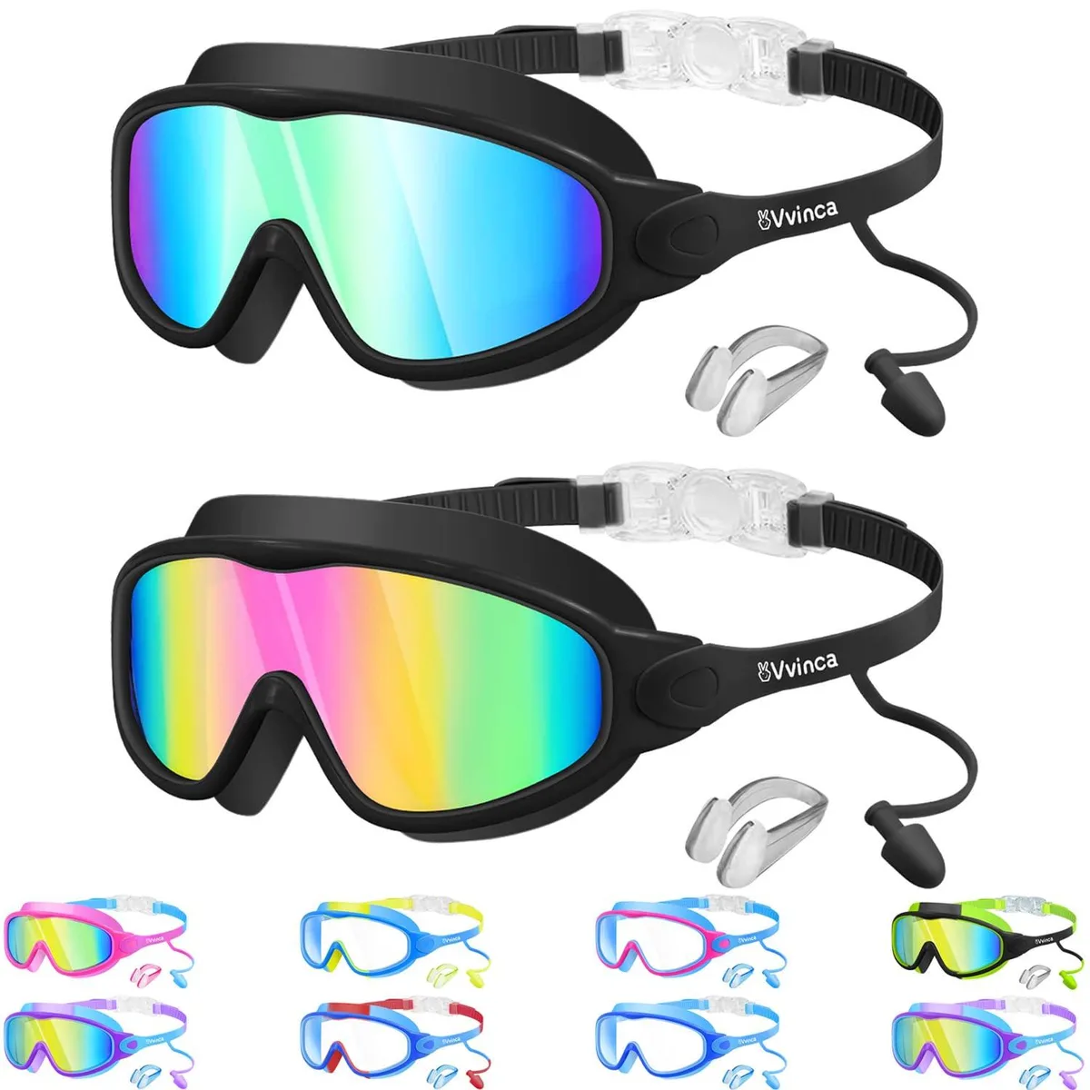 Vvinca Kids Swim Goggles with Earplugs & Nose Clip Blue Ages 3-15 — product photo