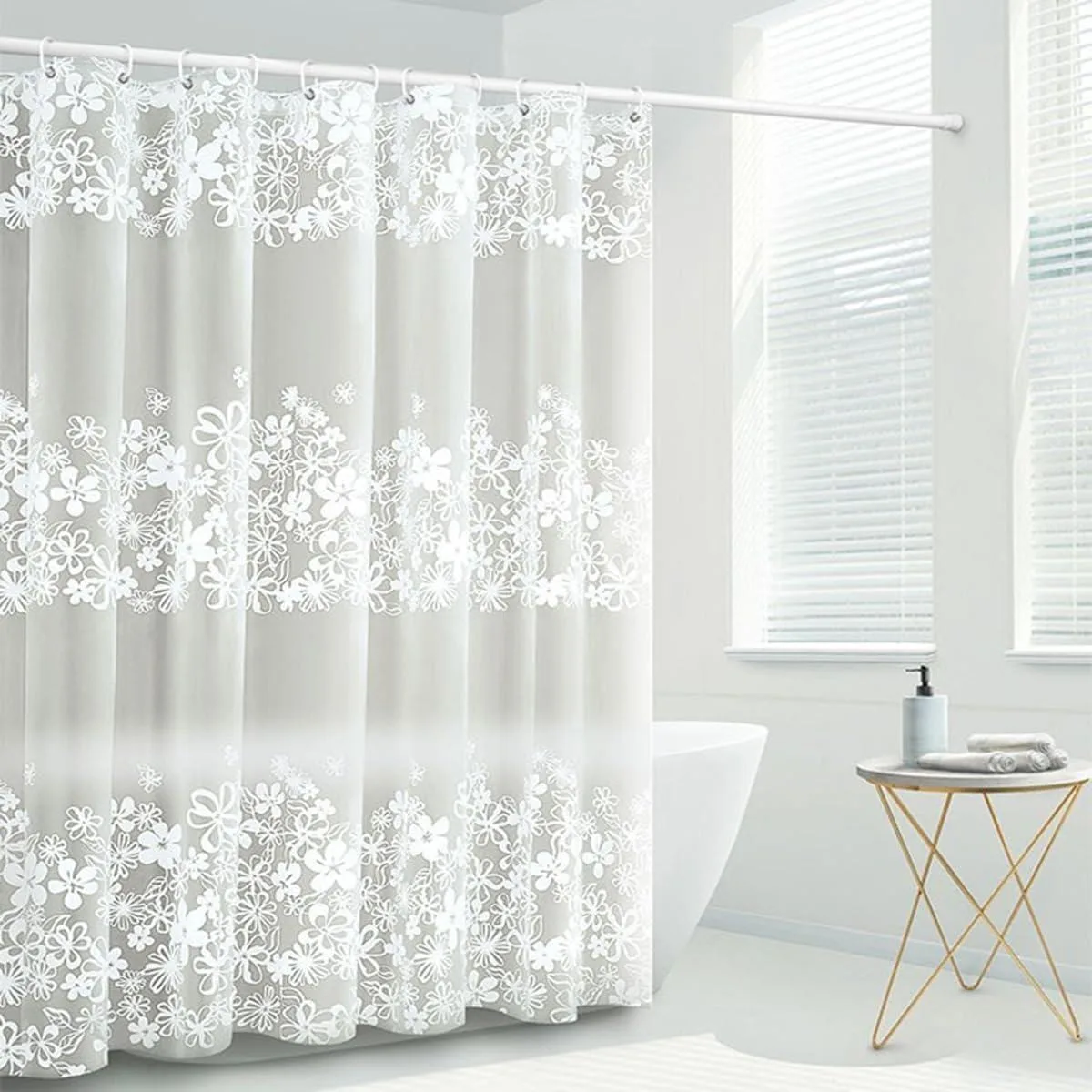 White semi-transparent PEVA shower curtain liner with flower print, 12 rust-proof metal grommets and 12 plastic hooks included