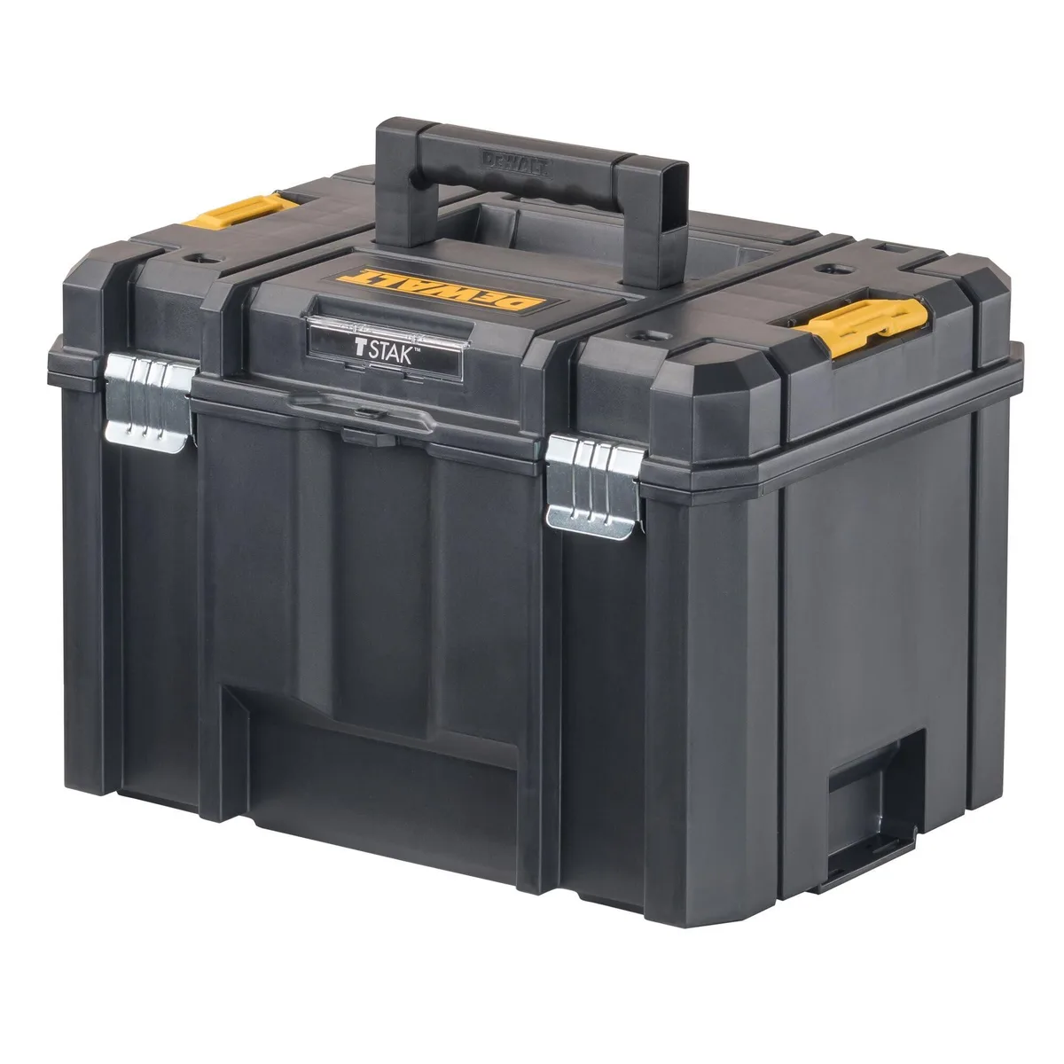 Yellow and black DeWalt TSTAK deep tool box with removable tray and side latches