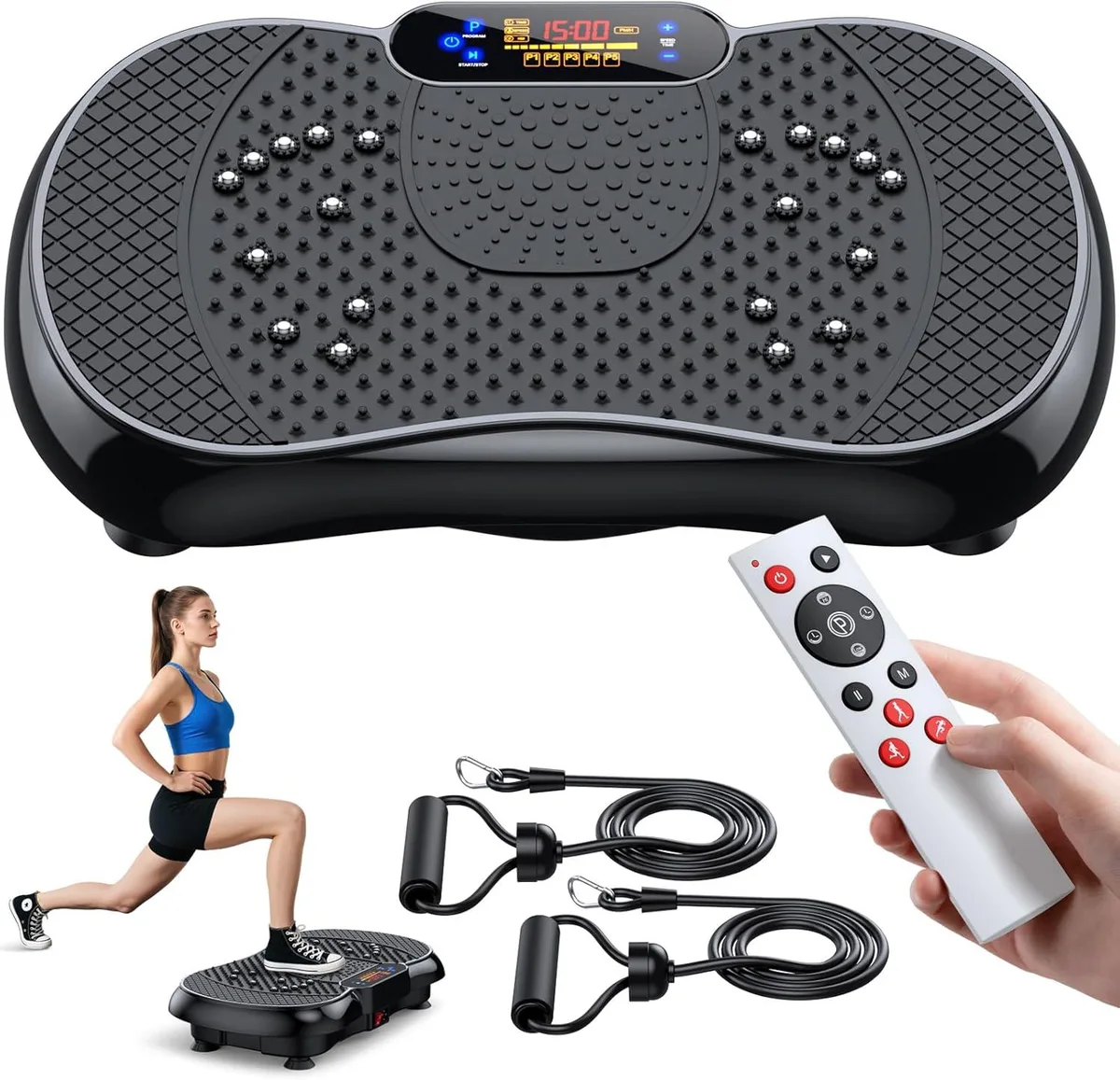 Rectangular black vibration platform with textured surface, digital display, and two resistance bands attached