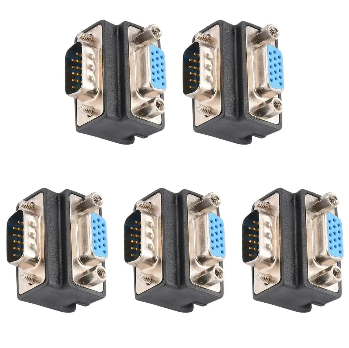 Five 90-degree VGA male-to-female adapters, short blue PVC bodies with nickel-plated DB15 connectors