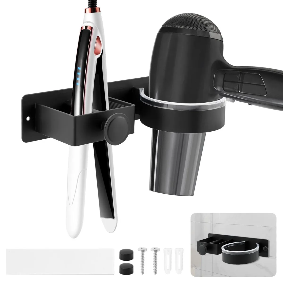 Hair Dryer & Straightener Holder Wall Mount Black Aluminium — product photo