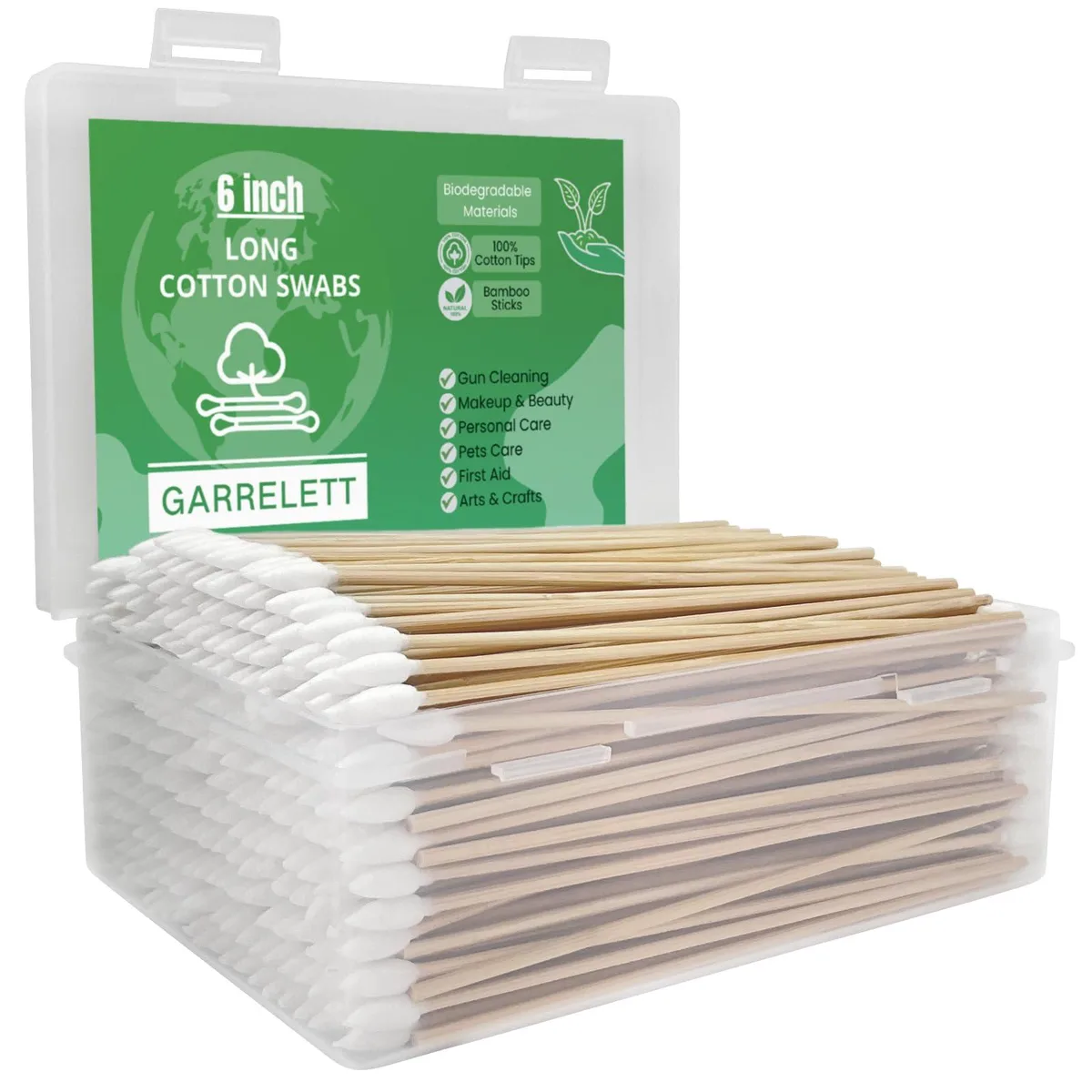 Box of 400 six-inch pointed cotton swabs in rectangular packaging