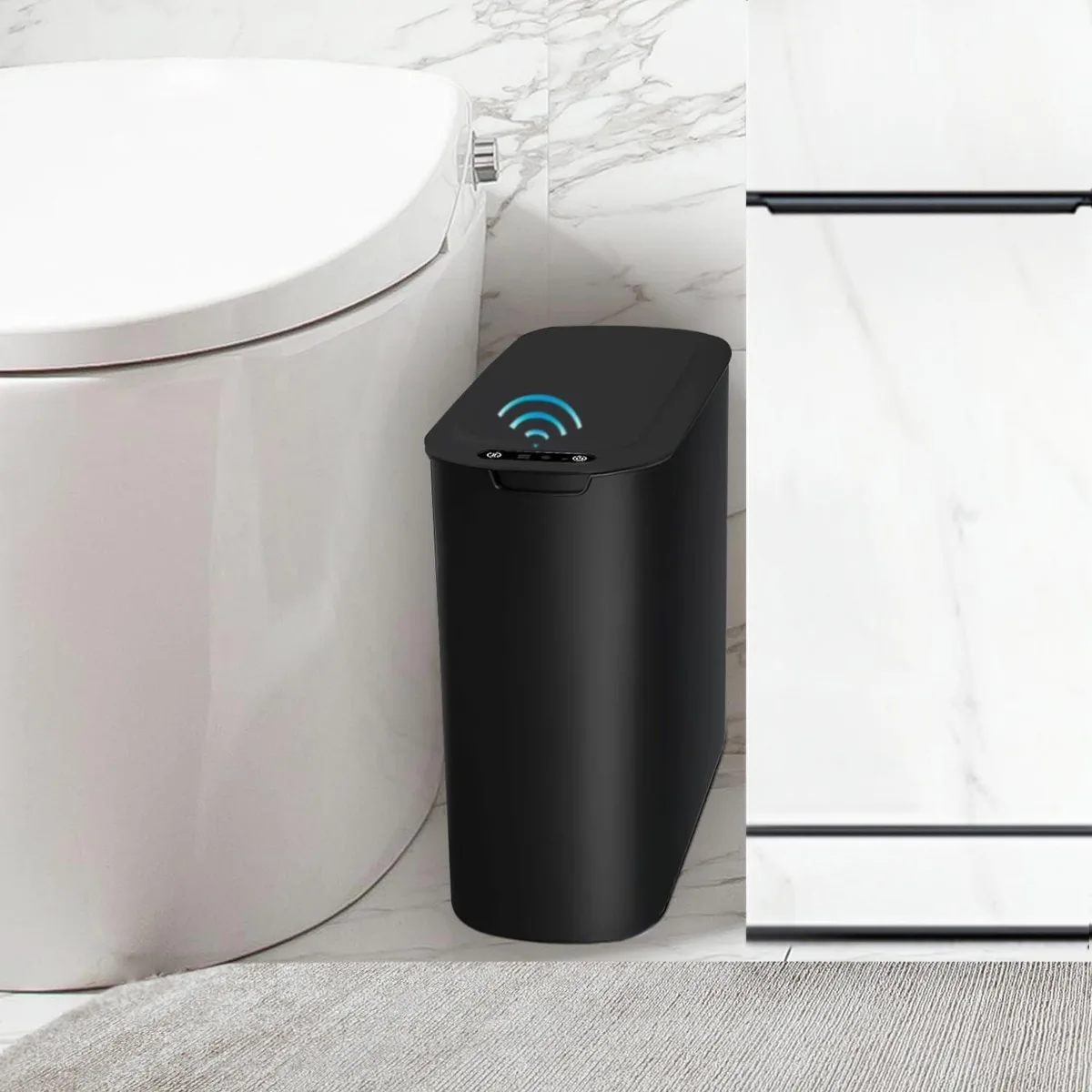 Three white slim plastic touchless trash cans with sensor lids