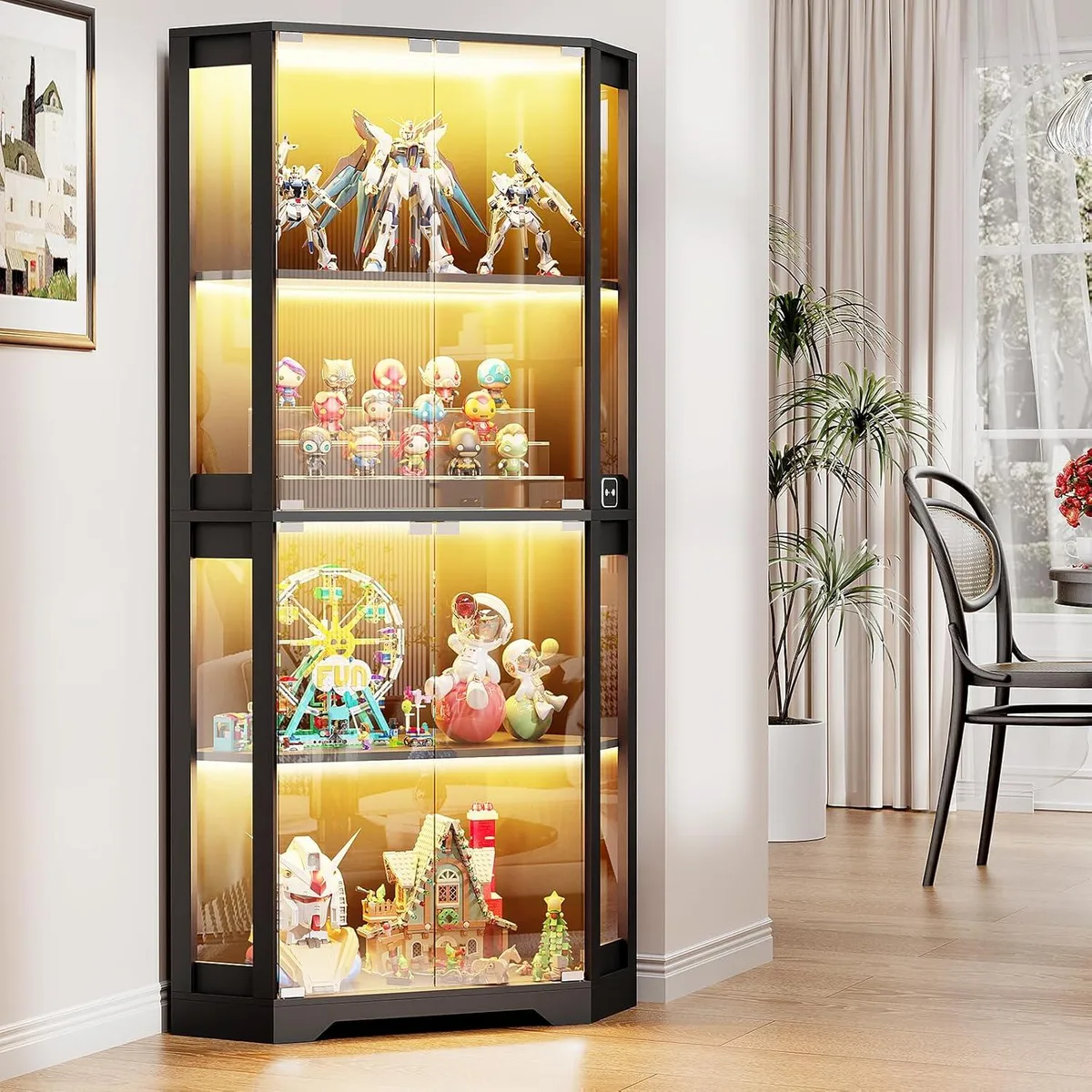 Tall black corner cabinet with four glass shelves and LED lighting