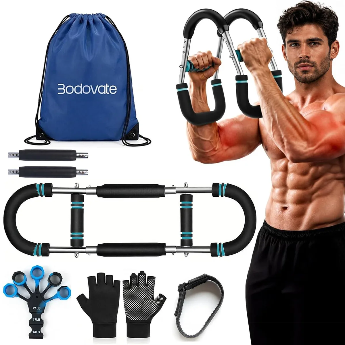 Black carbon steel twister arm trainer, 14 inches with rubber grips and two springs