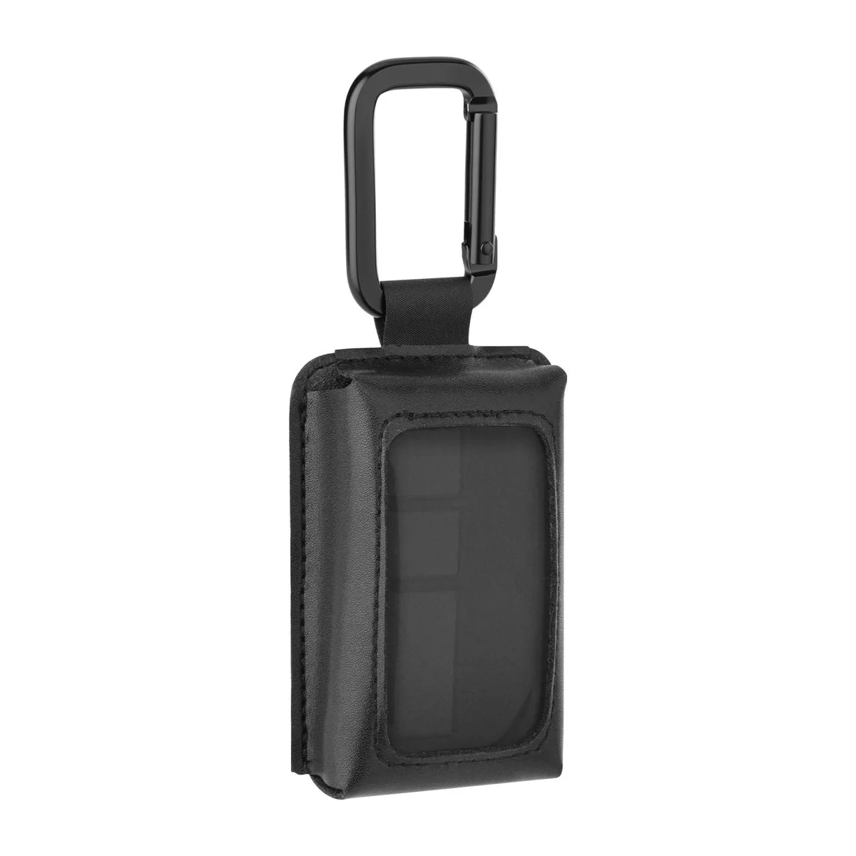 Black PU leather garage remote case with carabiner clip, compact rectangular shape