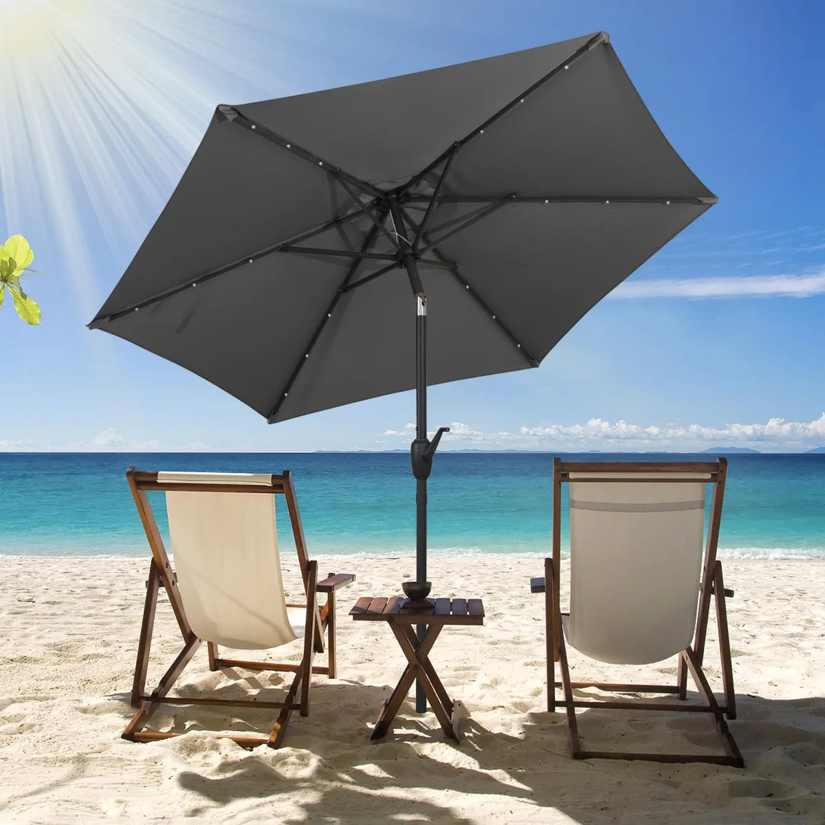 Grey 7.5 ft solar patio umbrella with LED lights, crank handle, tilt button, air vent and two-section pole