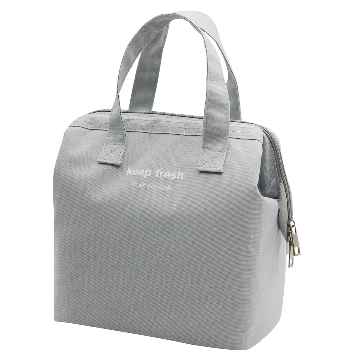 Grey insulated lunch bag, small rectangular shape, Oxford cloth fabric, top zip closure, carry handles