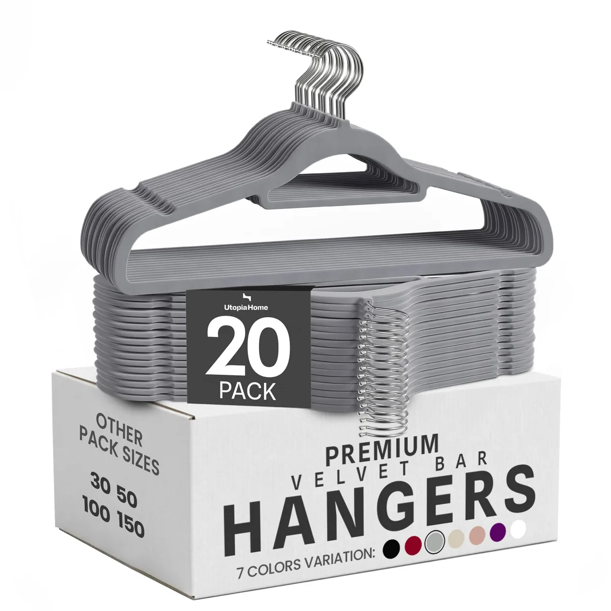 Twenty grey velvet hangers with tie bar and chrome hooks on white background