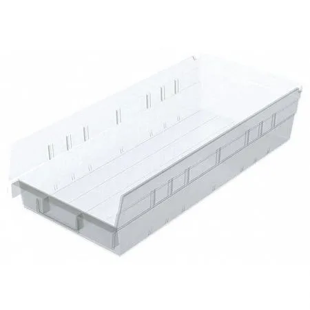 Clear plastic shelf bin, open top, smooth sides, label area on front