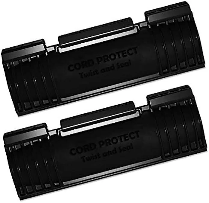 Two black weatherproof cord protectors with clamp latches