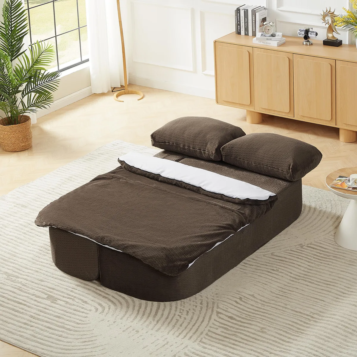 Dark brown fabric convertible sleeper sofa folded compact