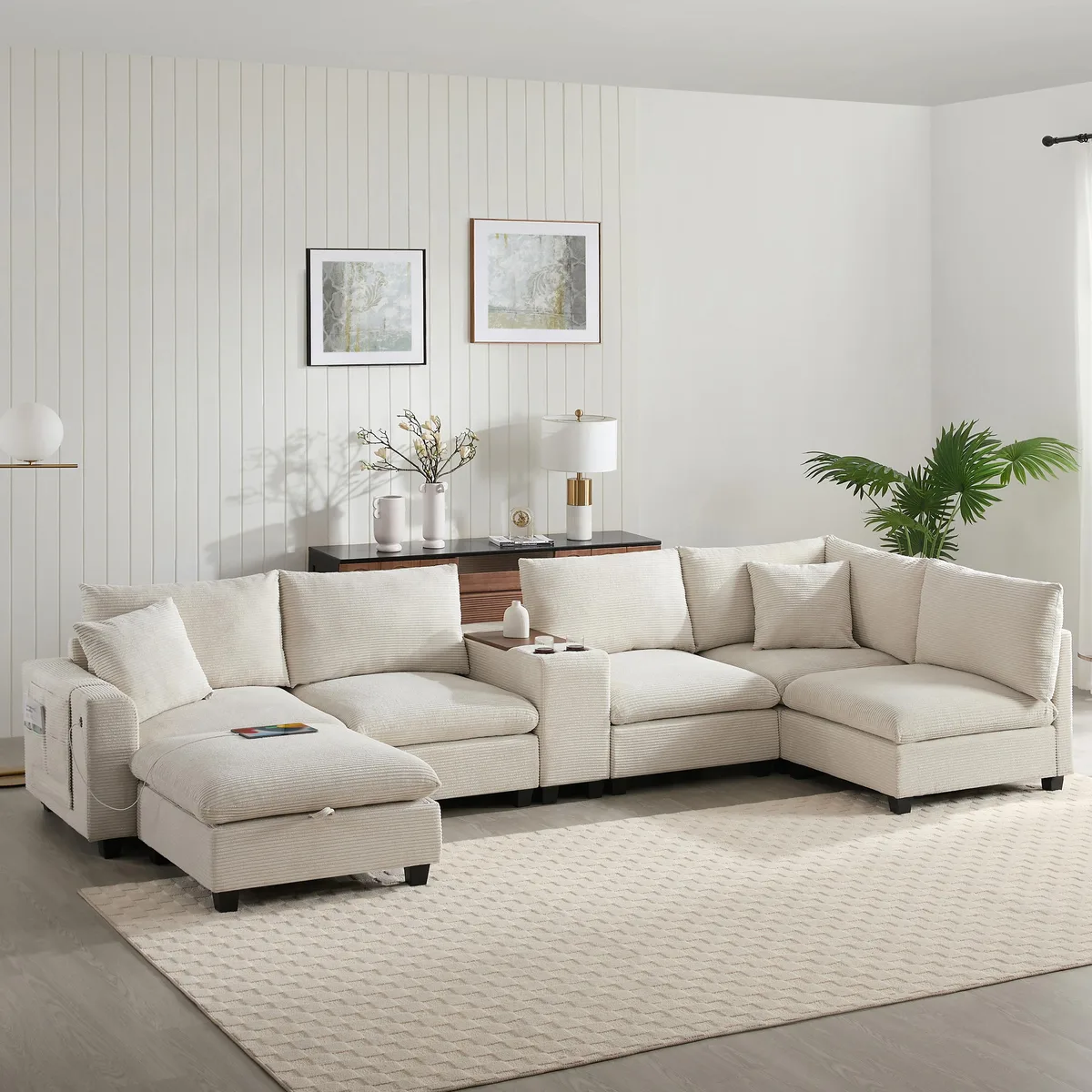 Beige corduroy U-shaped sectional with movable storage ottoman and console
