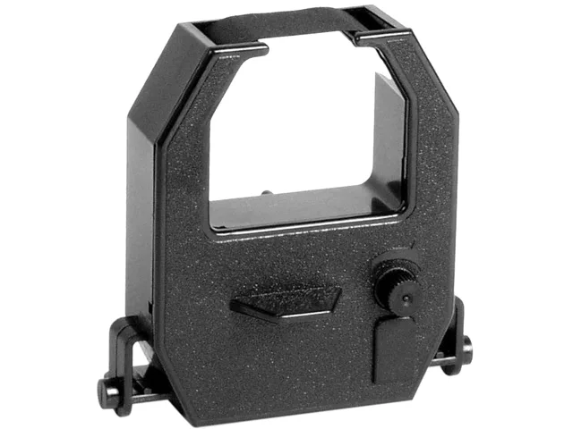 Black nylon printer ribbon cartridge in plastic housing